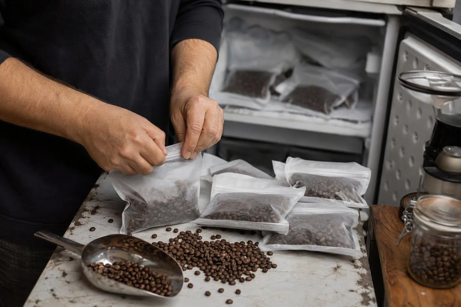 Labeled portions of whole roasted coffee beans sit beside a kitchen scale.