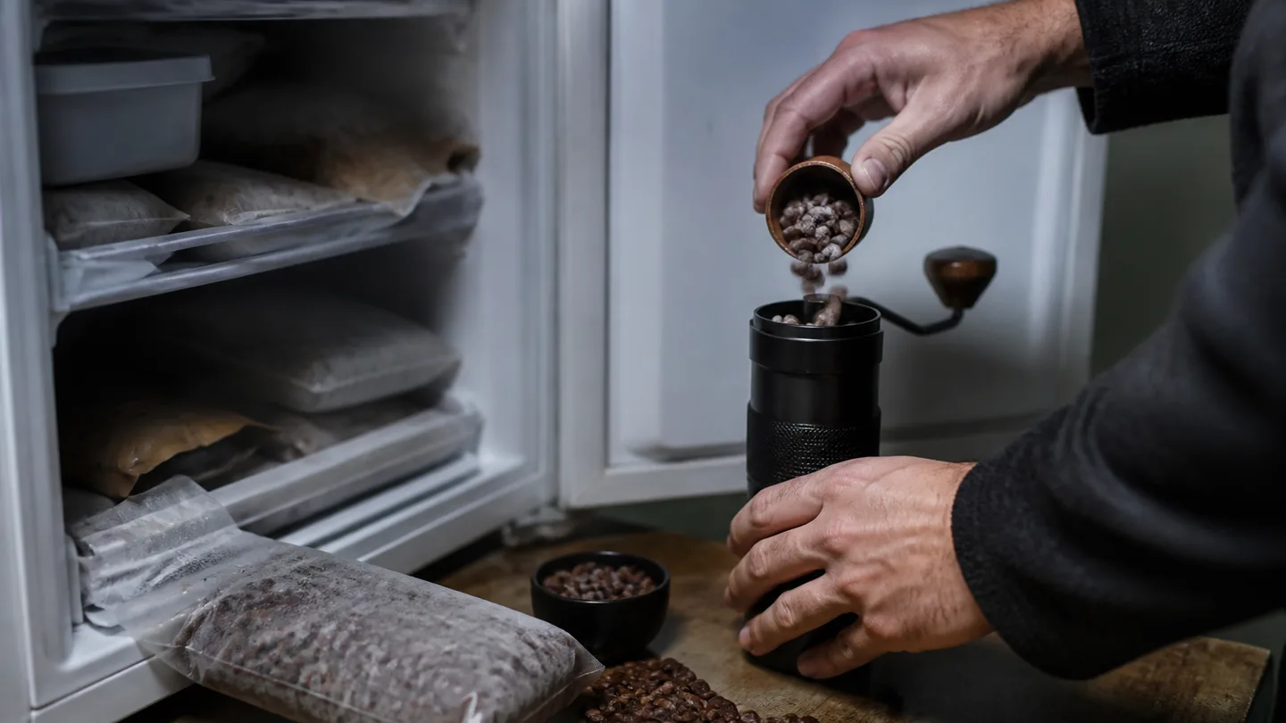 A sealed bag of beans sits beside a grinder holding a small frozen dose, showing two handling methods.