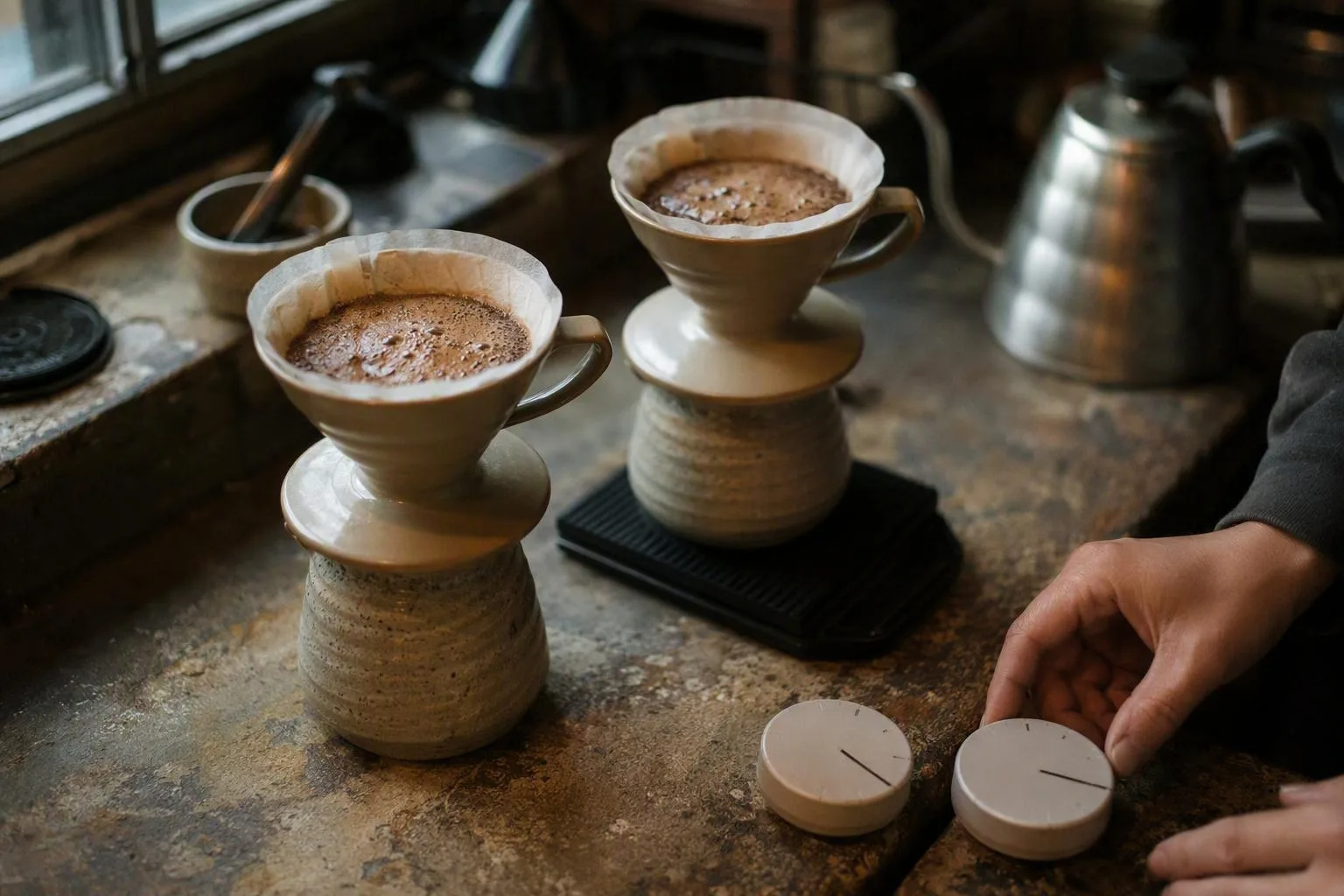 Matching coffee doses bloom beside a scale and timer for a controlled timing comparison.