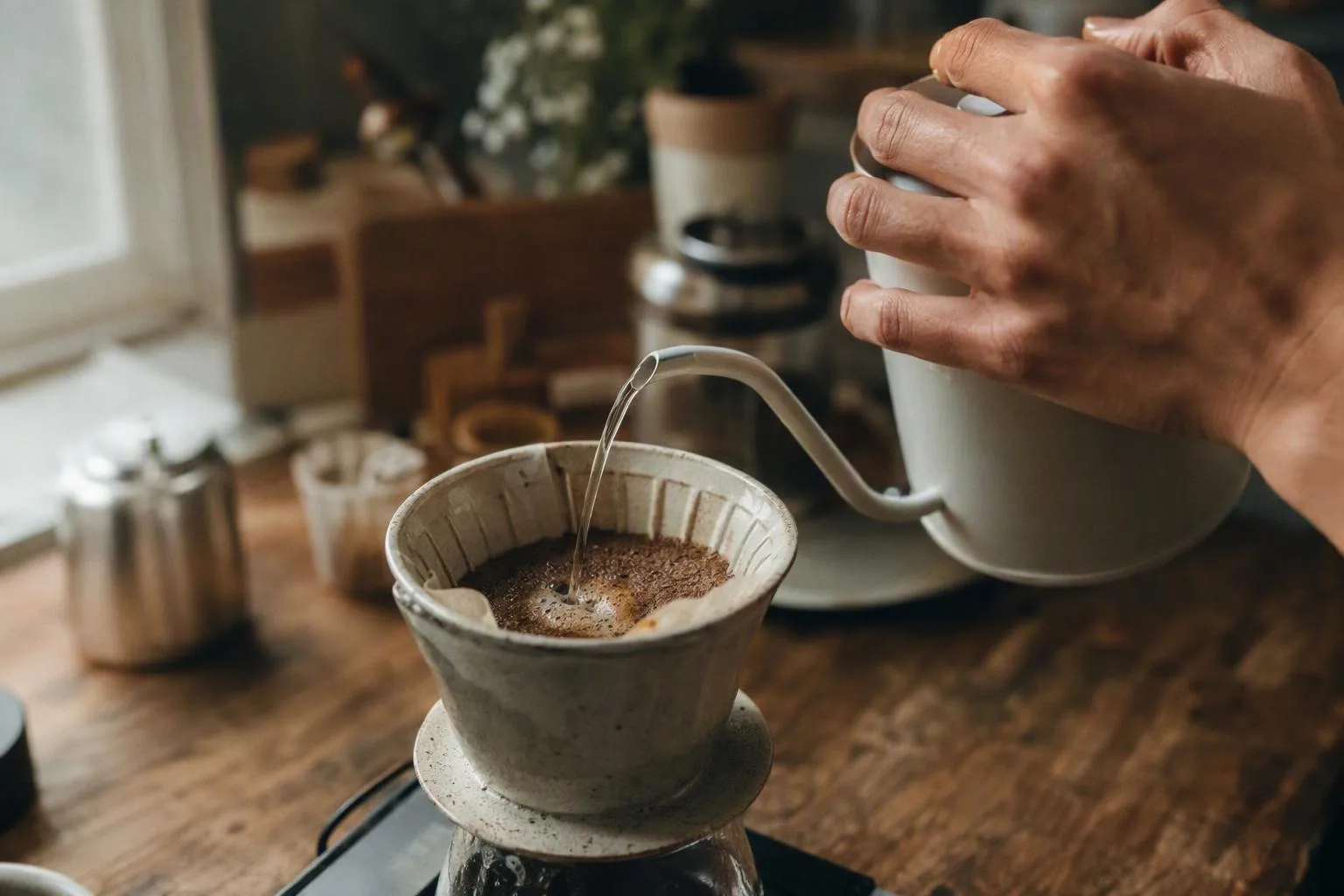 A kettle begins the main pour as bubbles settle in the coffee bed inside a ceramic dripper.