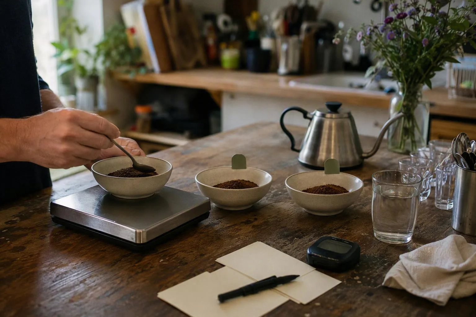 Three matching bowls sit beside a scale and spoon, showing the tools for a fair home bean comparison.
