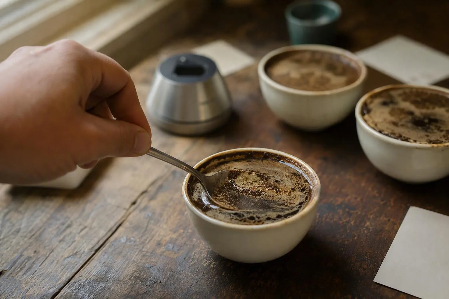 A spoon gently parts the coffee crust in one bowl to release aroma during a timed tasting.