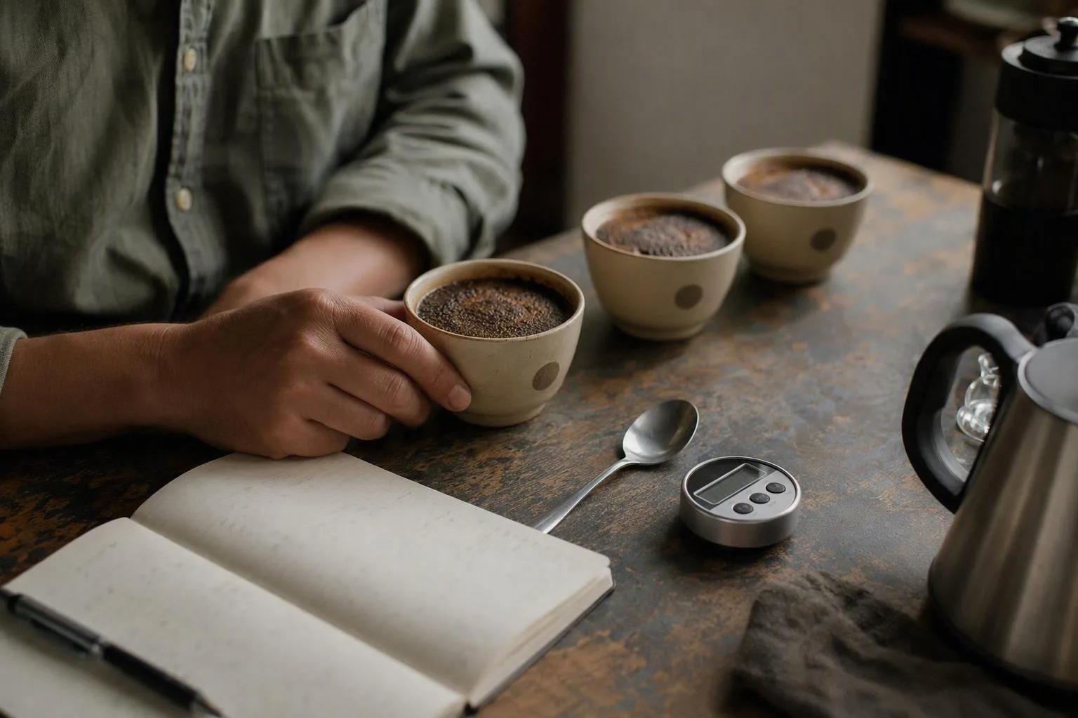 A hand compares three cooling coffee bowls beside an open notebook for recording tasting observations.