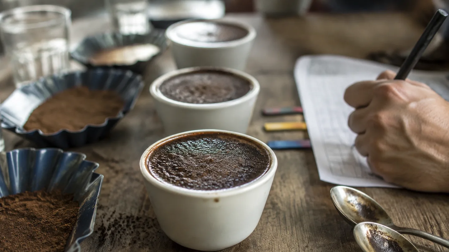 Cupping bowls, a spoon, whole beans, and a tasting notebook on a kitchen table.