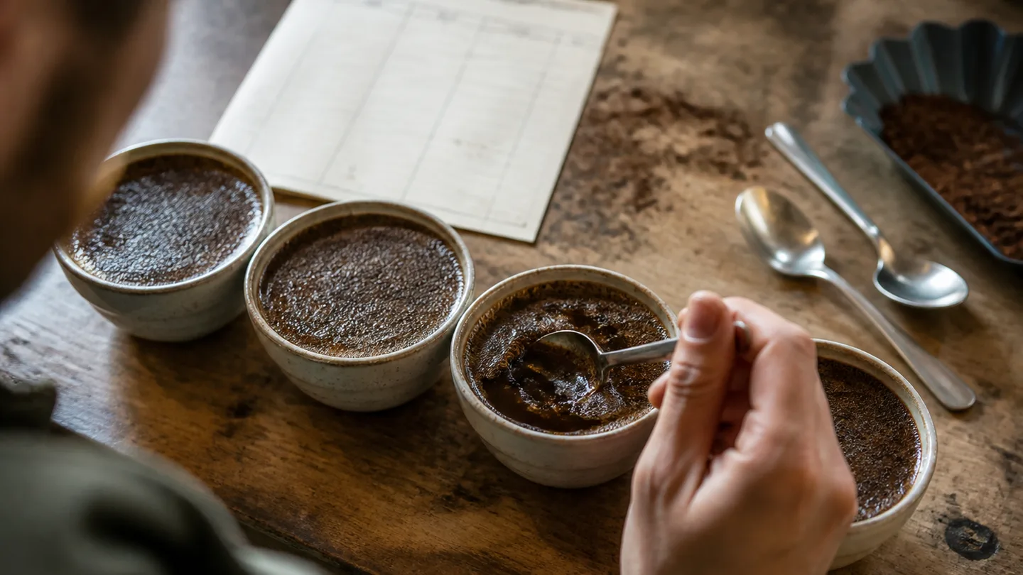 Six unlabeled cups sit beside lemon peel, honey, cocoa, and cinnamon references.