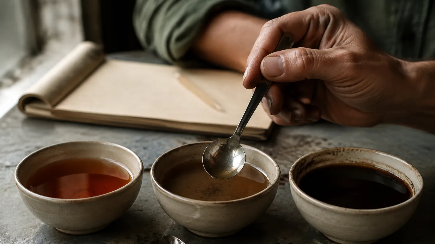 Three cups show clear, muddy, and dark coffee beside a spoon for comparing extraction.