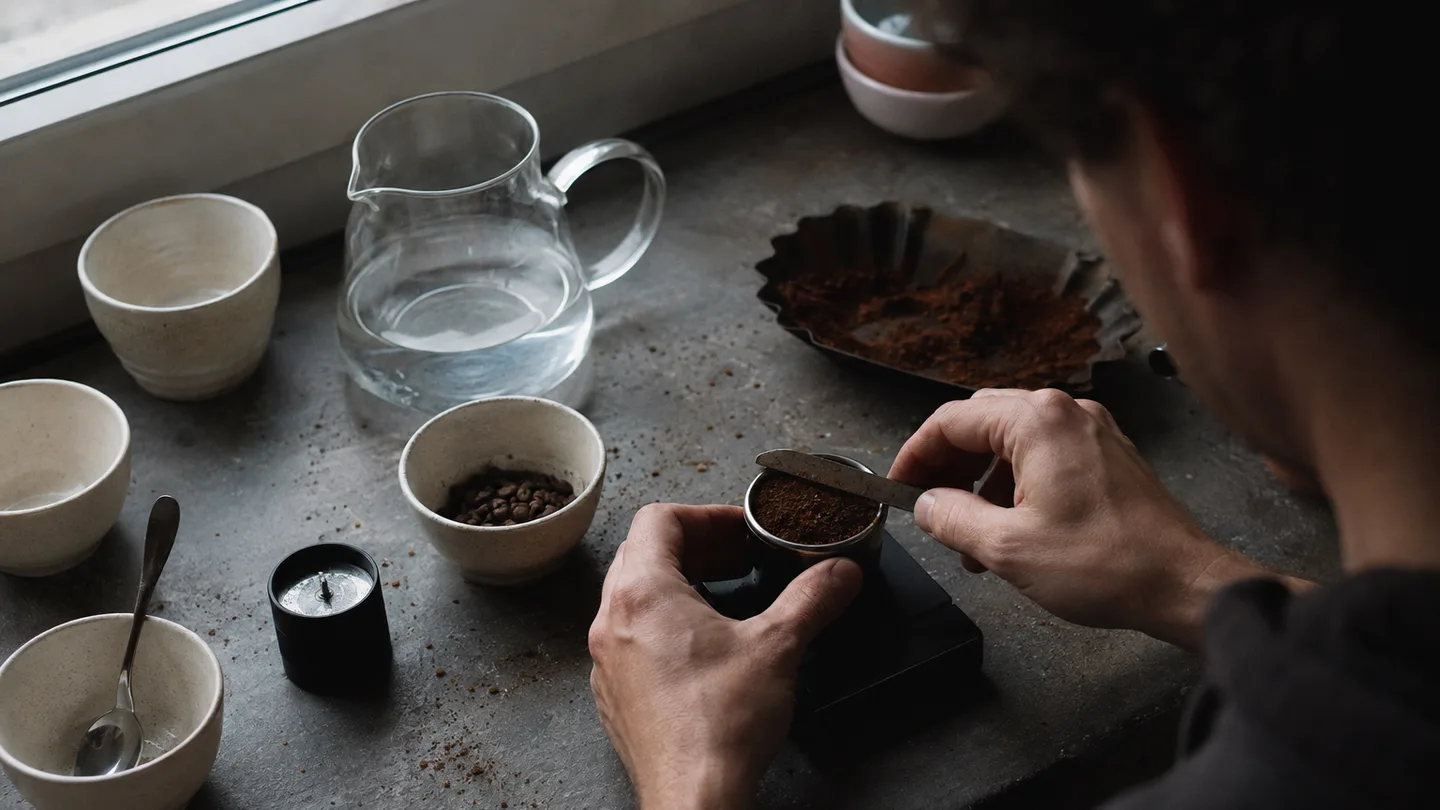 A home brewer measures coffee grounds beside water and cupping bowls to show the brewing ratio in practice.