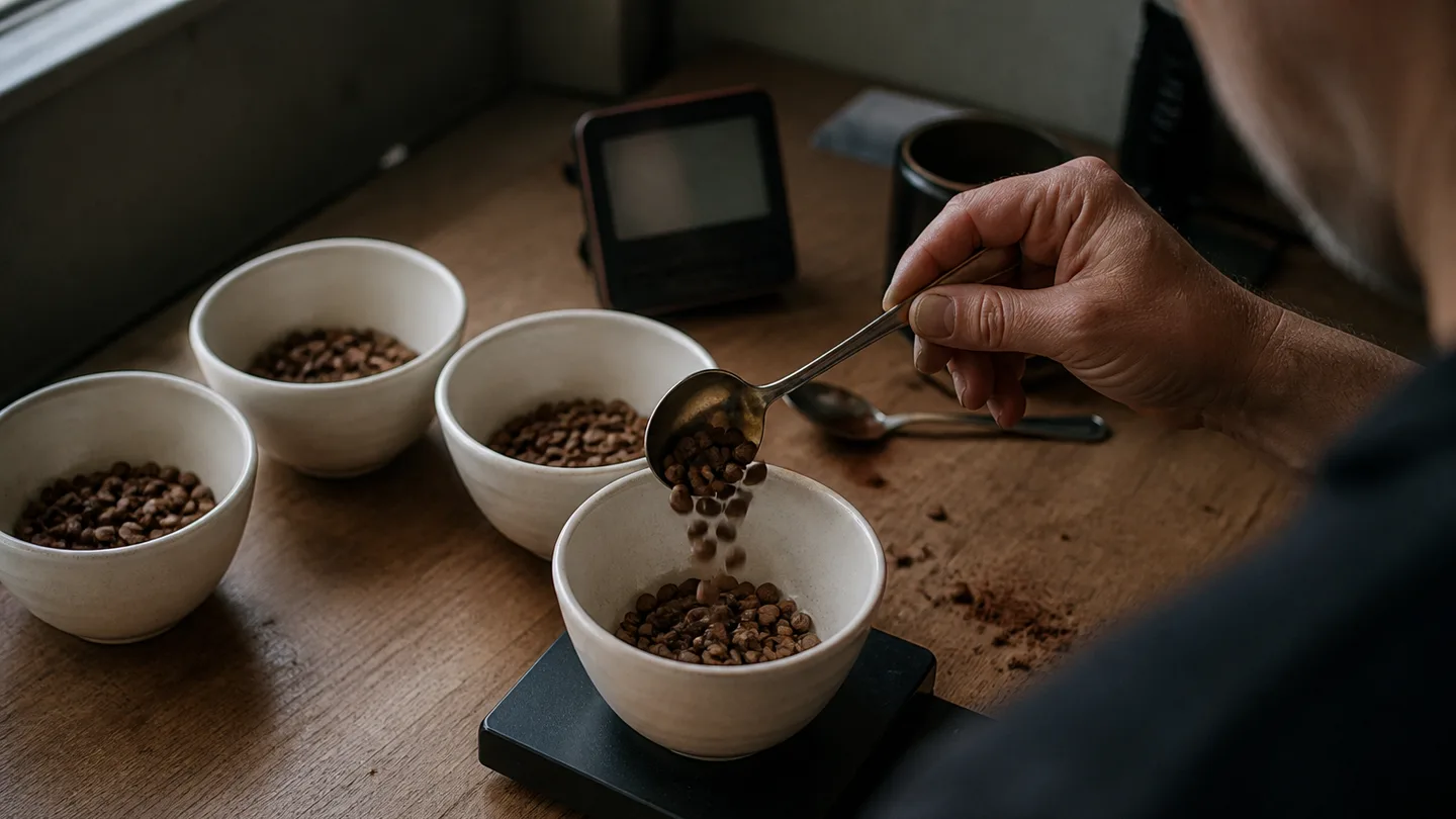 A hand weighs coffee into one of several identical bowls for consistent cupping samples.