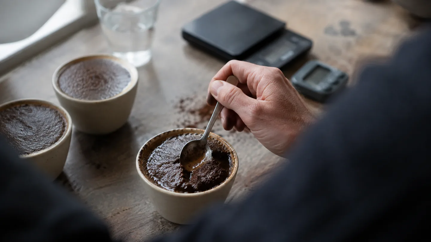 A hand breaks the coffee crust in a cupping bowl beside a scale and timer.