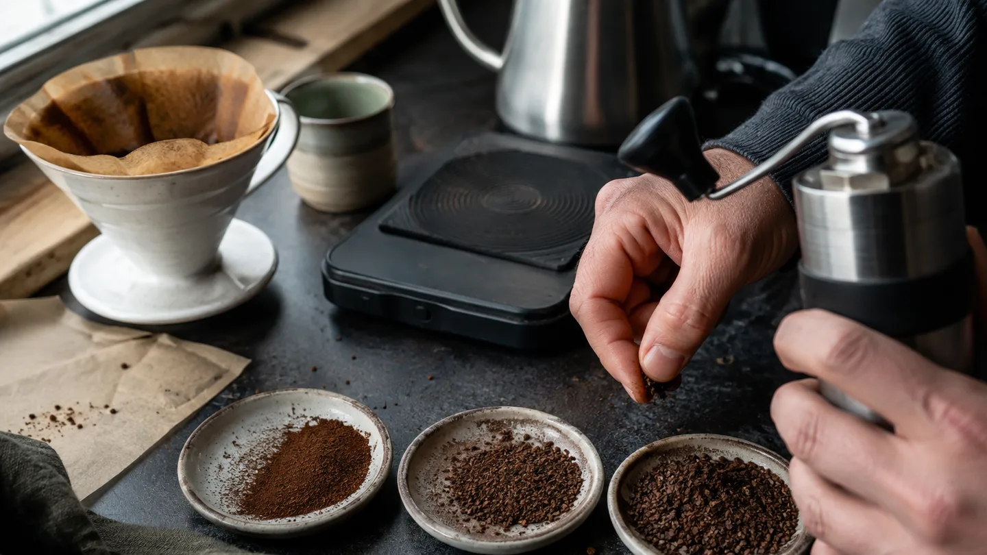 Hands compare three coffee grinds beside a dripper and scale while dialing in a brew.