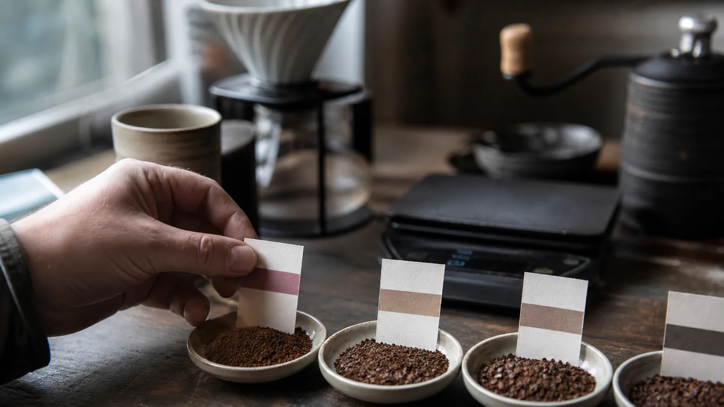 A hand compares coffee grounds from fine to coarse, showing a starting range rather than one fixed setting.