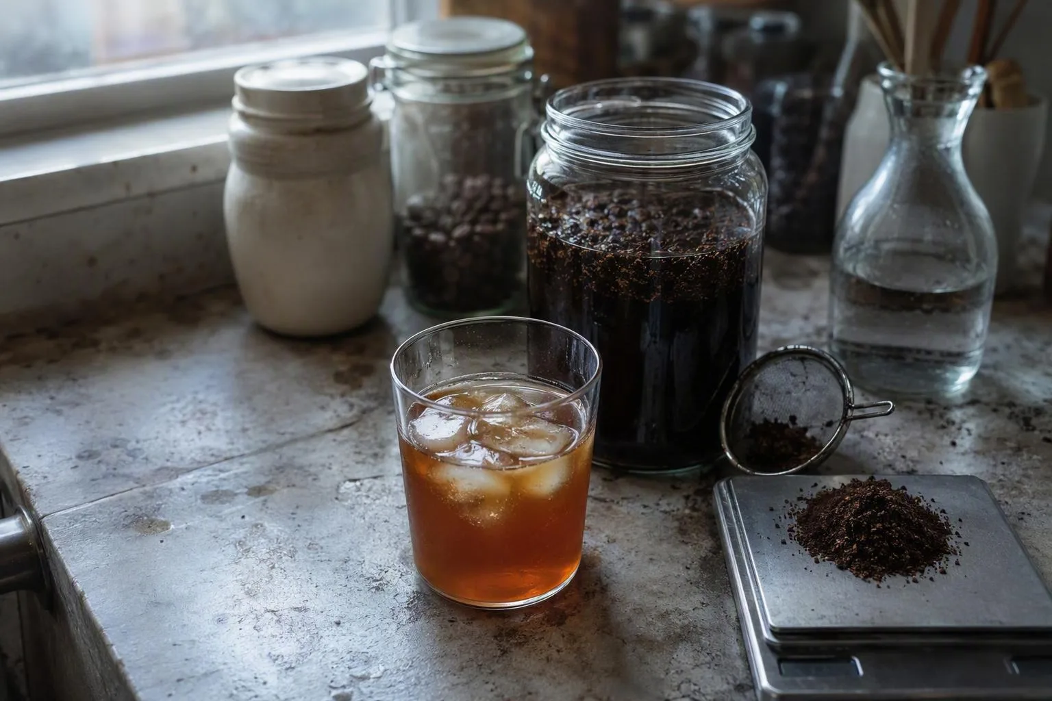 A finished glass and a darker steeping jar show two ways to serve the same measured coffee dose.