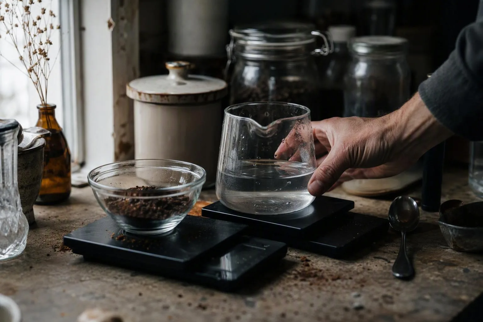 Measured grounds and water sit in glass vessels on scales before steeping, showing the batch is weighed by mass.
