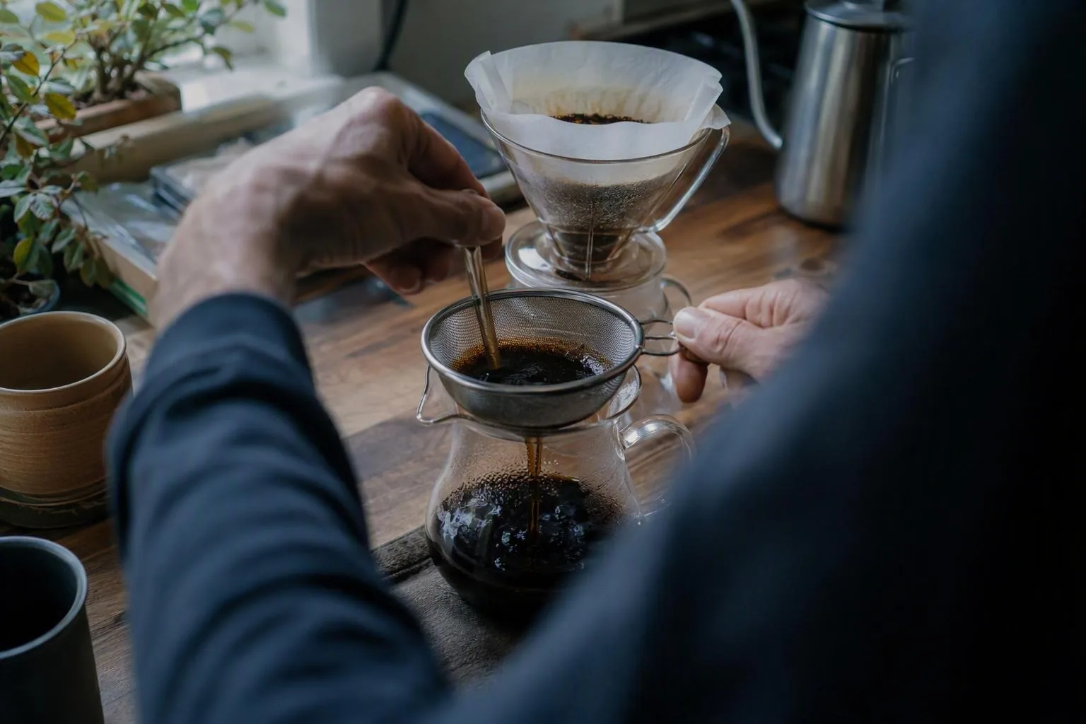 Hands strain brewed coffee through mesh before a paper filter, showing the two-step process.