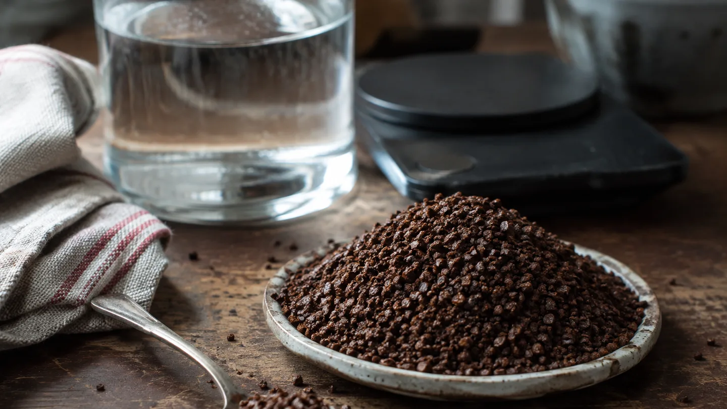 Coarse coffee grounds resembling sea salt sit beside a cold-brew jar, showing the grind size for immersion brewing.