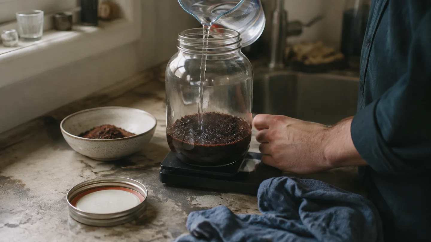 A jar of grounds and water rests on a scale beside measured ingredients for a simple cold-brew setup.