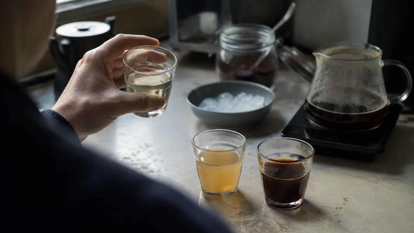Three glasses show clear, cloudy, and concentrated brew before any serving adjustments are made.