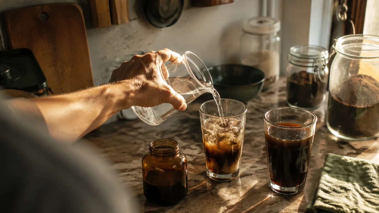 A hand pours water into dark concentrate beside a larger glass of black coffee, showing the change in serving size.
