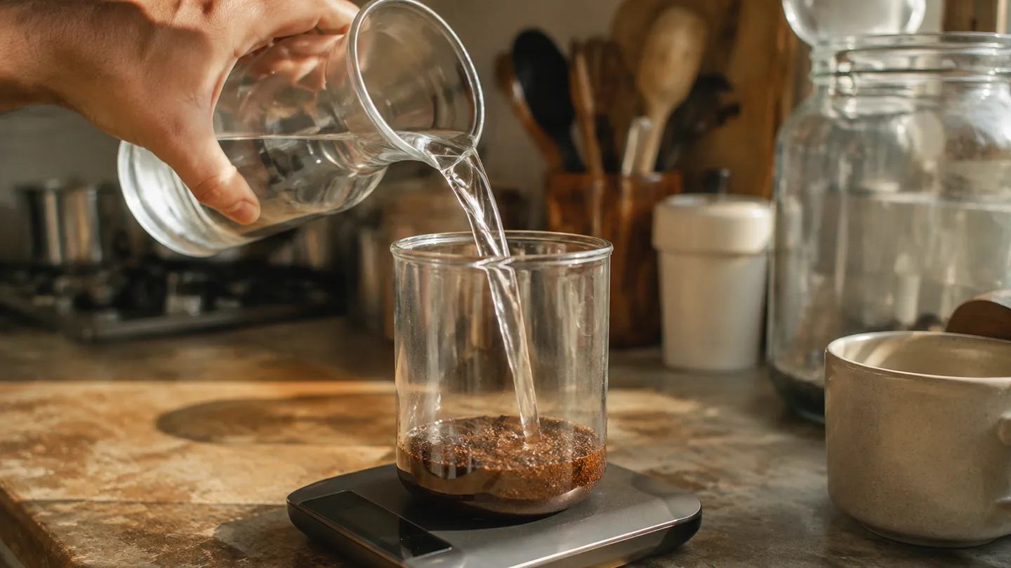 A hand pours water into a jar of coffee grounds sitting on a kitchen scale.
