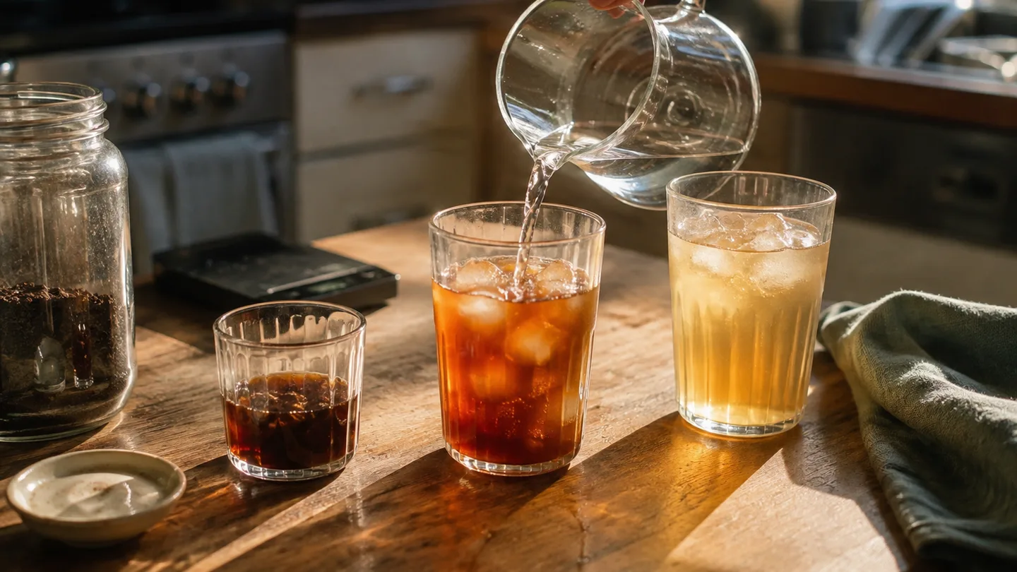 Three glasses show concentrated, balanced, and lighter servings ready to compare on a worn kitchen counter.