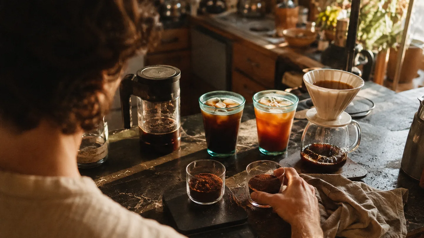 Two contrasting coffee drinks beside one kitchen scale show how a measured dose can take two iced paths.