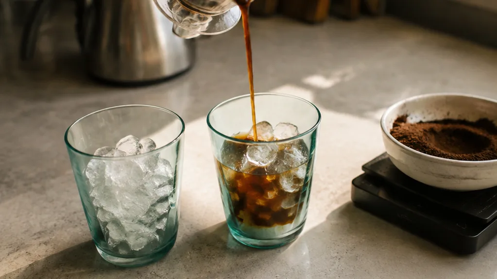 Hot coffee streams onto ice in a glass beside a brewer, showing a deliberate way to chill and dilute the drink.