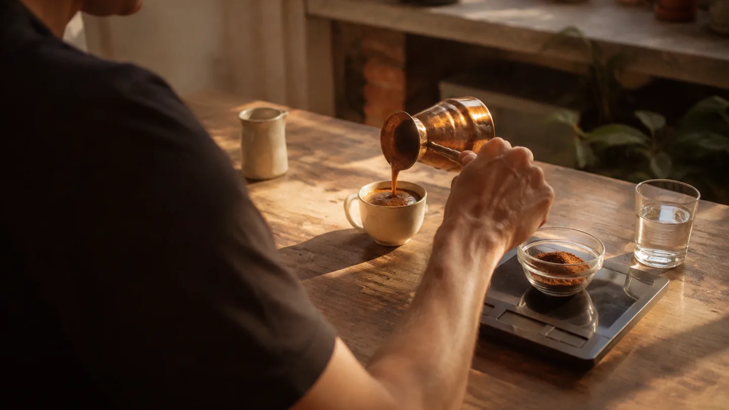 A single serving is measured beside a small coffee pot as foam is poured into a cup, with milk left untouched.