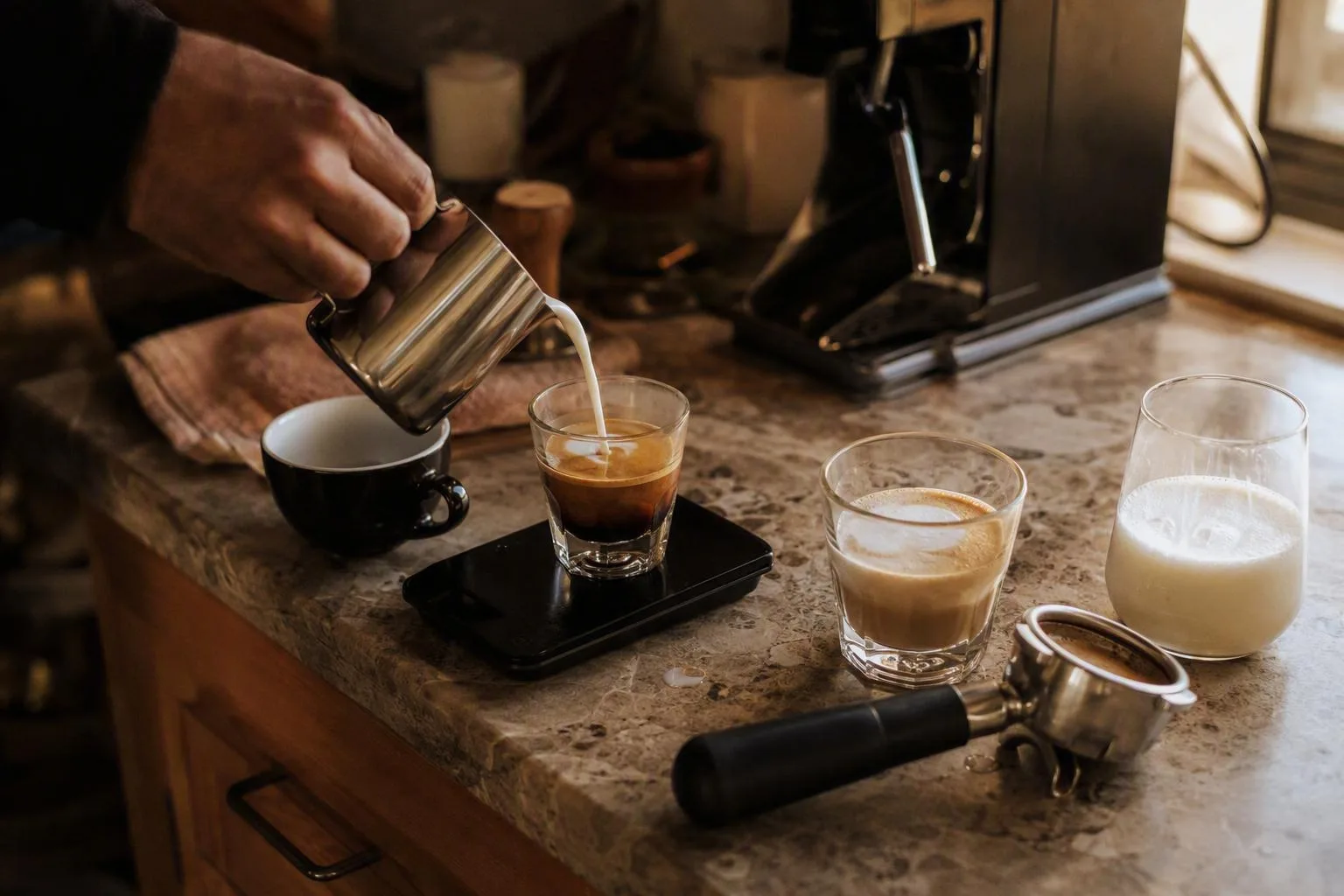 A hand adds steamed milk to espresso while nearby cups show how different milk amounts create different drinks.
