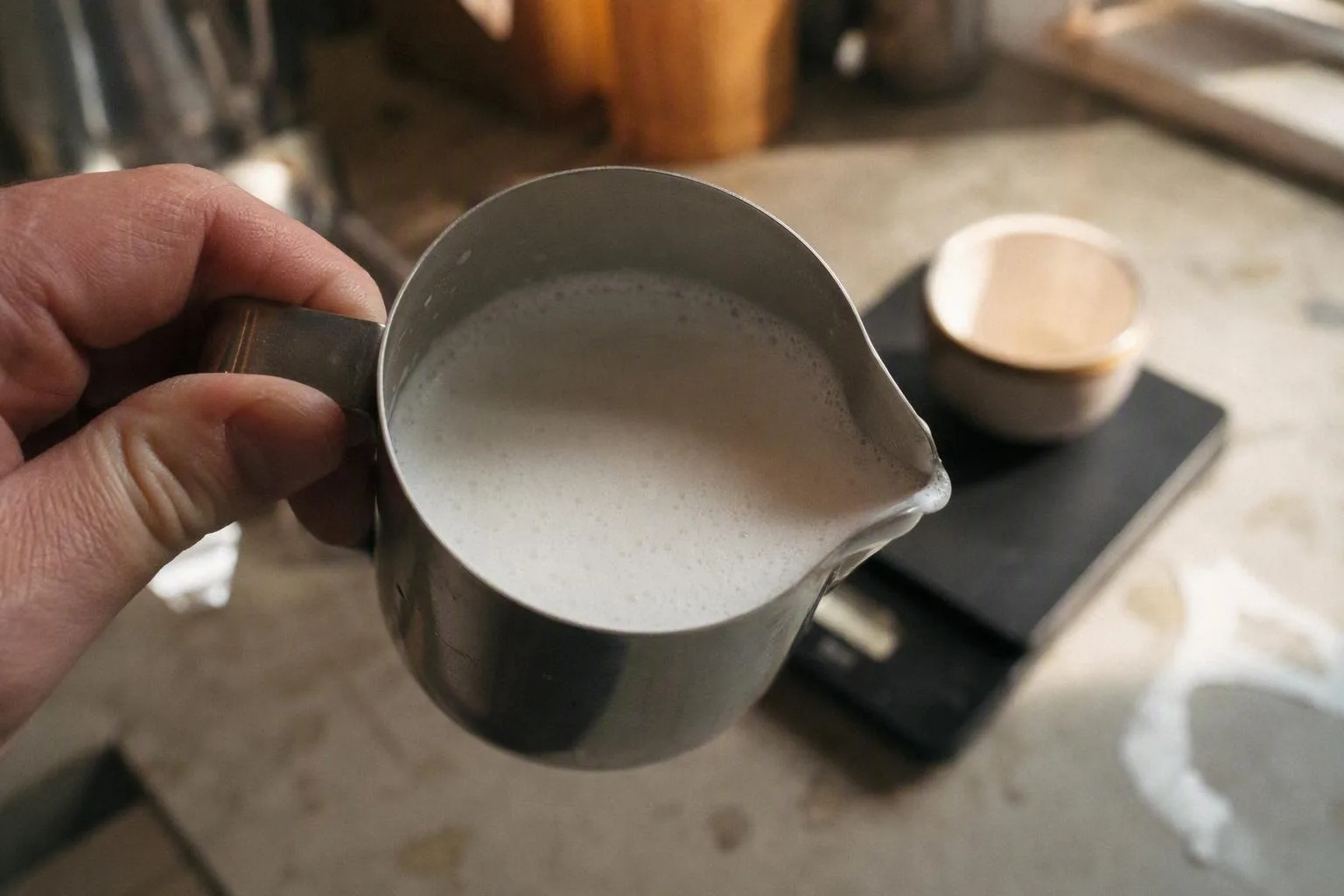 A hand tilts a steel pitcher, revealing glossy milk with tiny, even bubbles that show well-made foam.