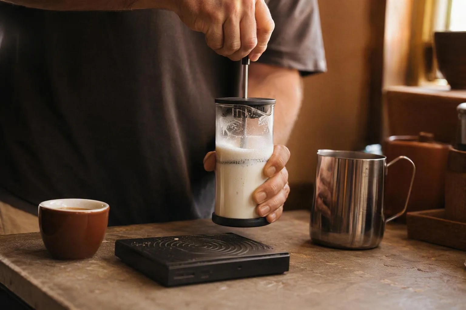 A hand pumps a French press to froth milk beside a cup, showing a simple way to make foam at home.