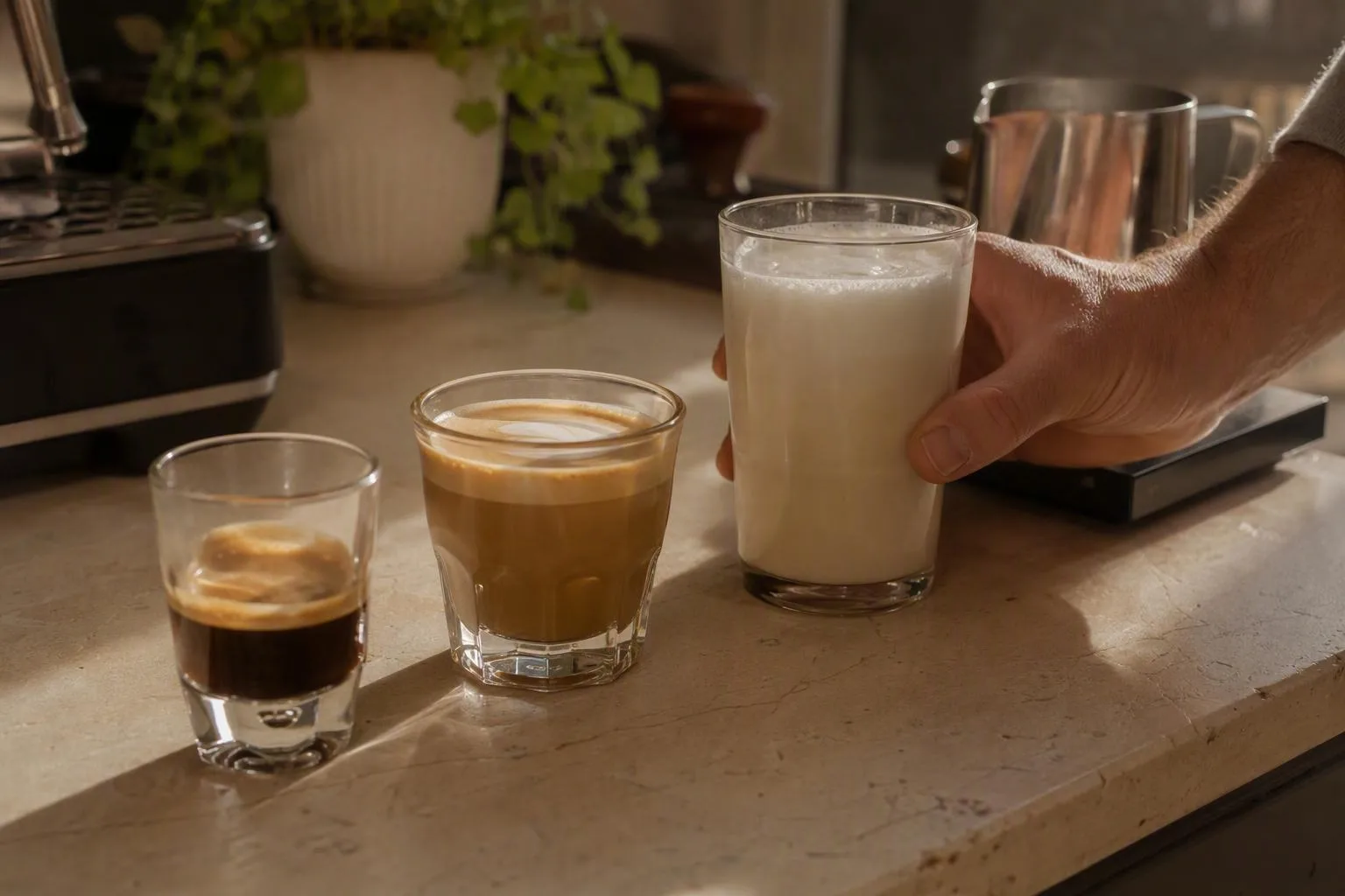 Three espresso outputs sit beside one measured dose of ground coffee.