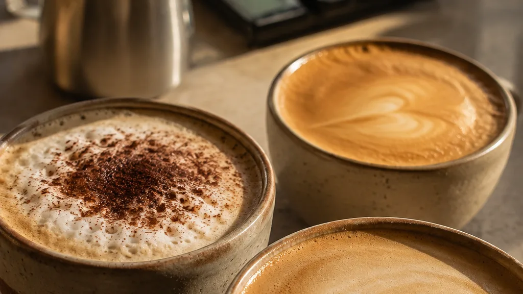 Three cups show the distinct foam textures of cappuccino, flat white, and latte.