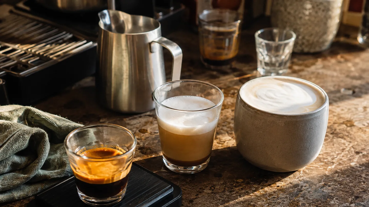 A fresh espresso sits beside smaller and larger milk drinks, showing how one shot becomes different home beverages.