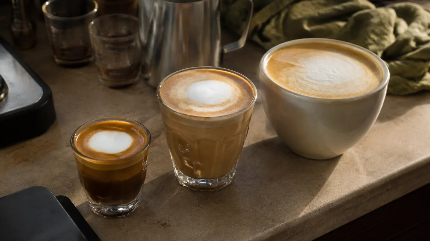 Three homemade espresso drinks progress from a small macchiato to a milk-forward latte on a kitchen counter.