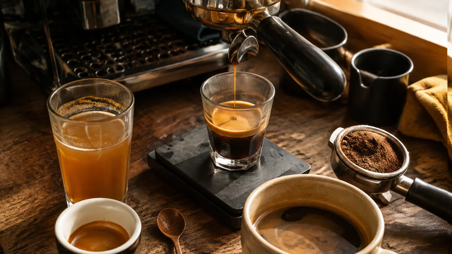Three black coffee preparations surround a fresh espresso shot, showing concentrated, diluted, and brewed-with-espresso forms