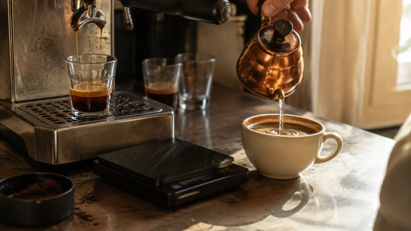 A hand tops up finished espresso while another shot flows through ground coffee into a glass.