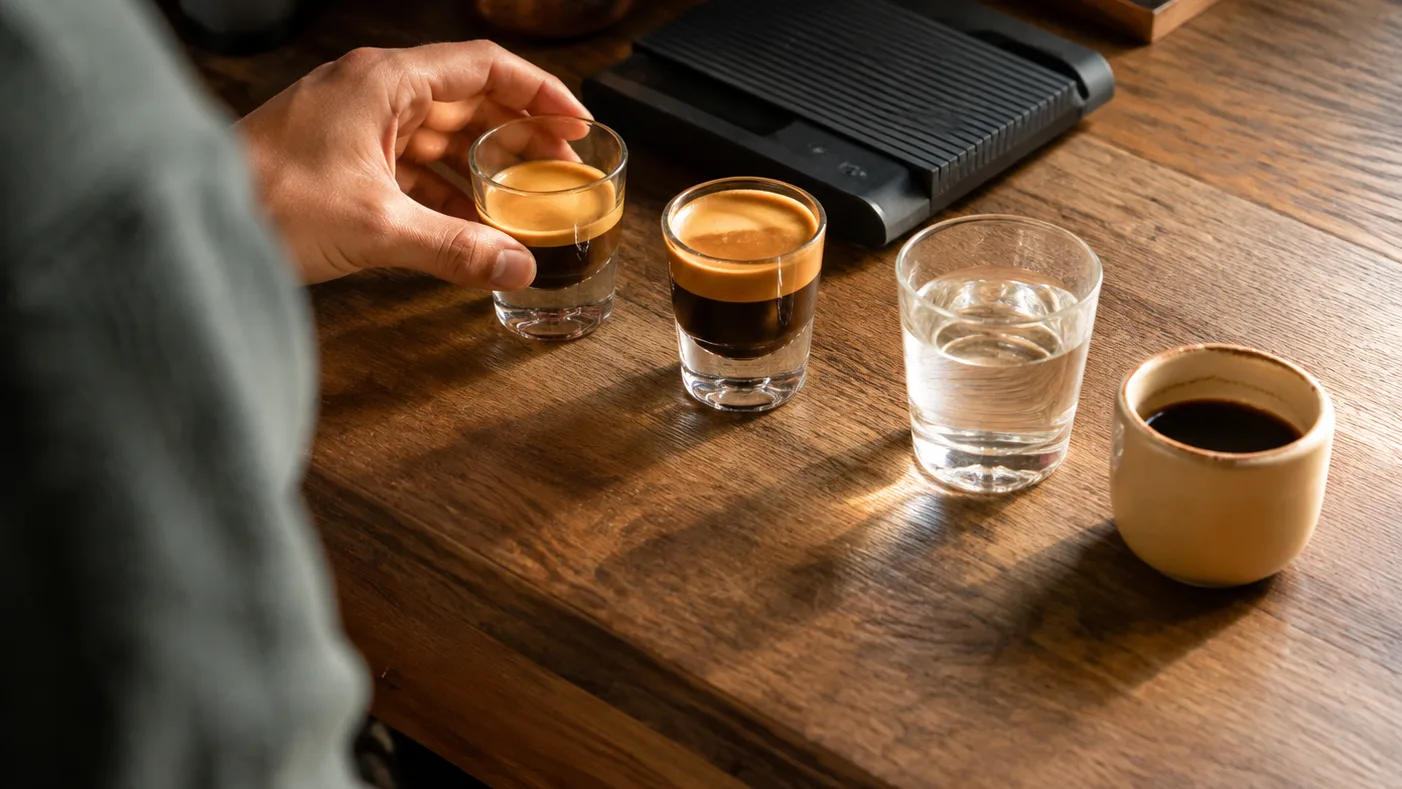 A hand measures hot water beside single and double espresso and brewed coffee, clarifying a milk-free café order.