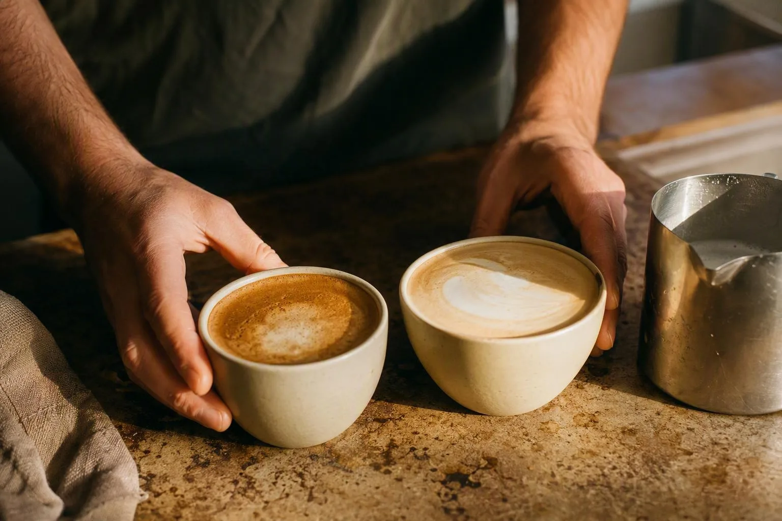 Two cups show the same espresso with different milk volumes, clarifying how a flat white differs from a latte.