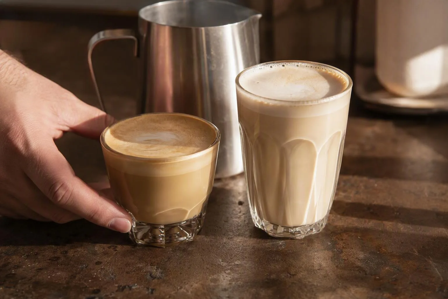 Two milk coffees show contrasting foam layers and drink proportions on a worn kitchen counter.