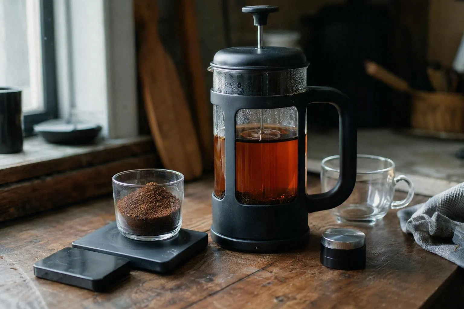 Measured coffee grounds sit beside hot water and a French press, showing the recipe’s 1:15 brewing baseline.