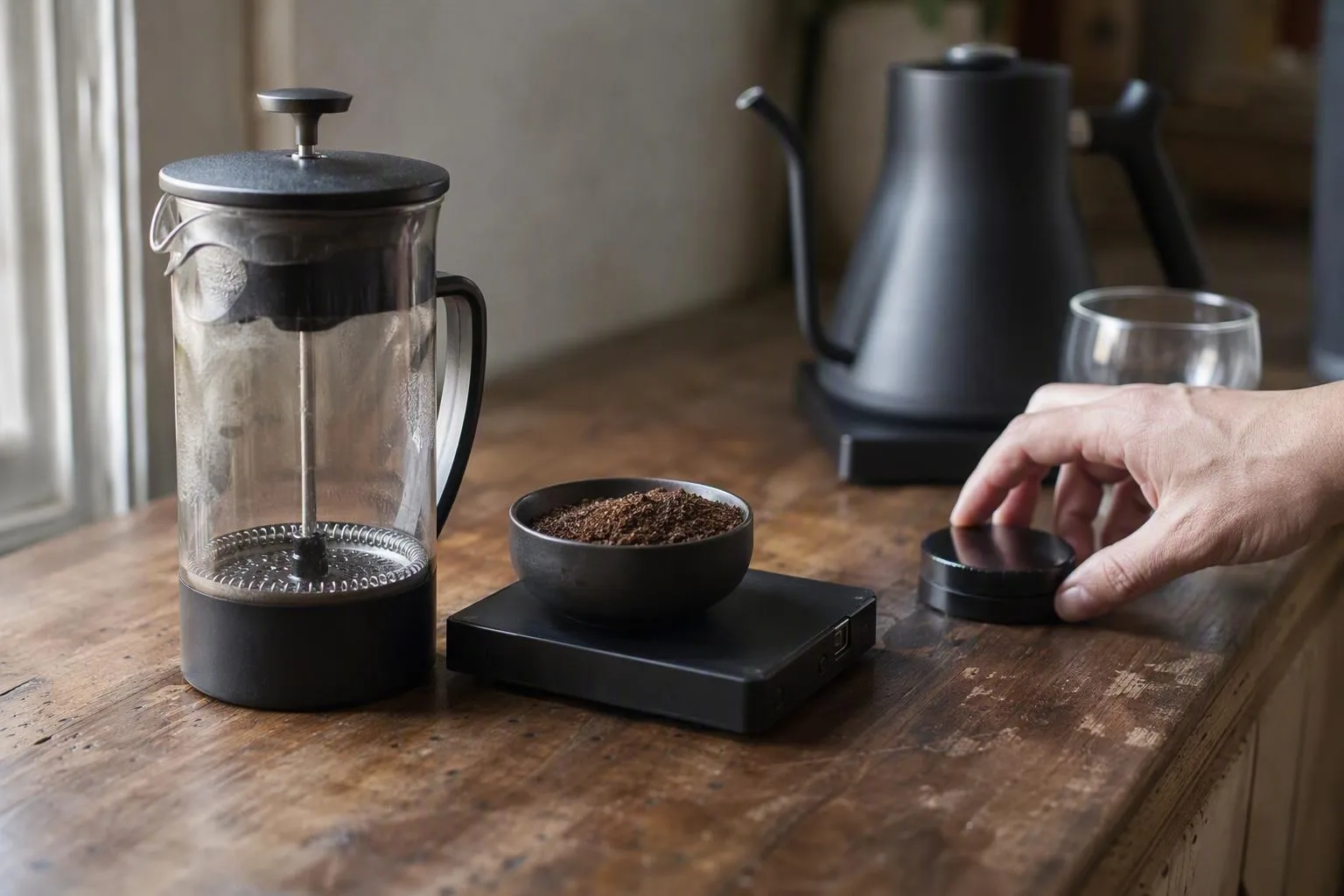 A timed setup keeps the press, grounds, kettle, scale, and cup visible for a measured brew.