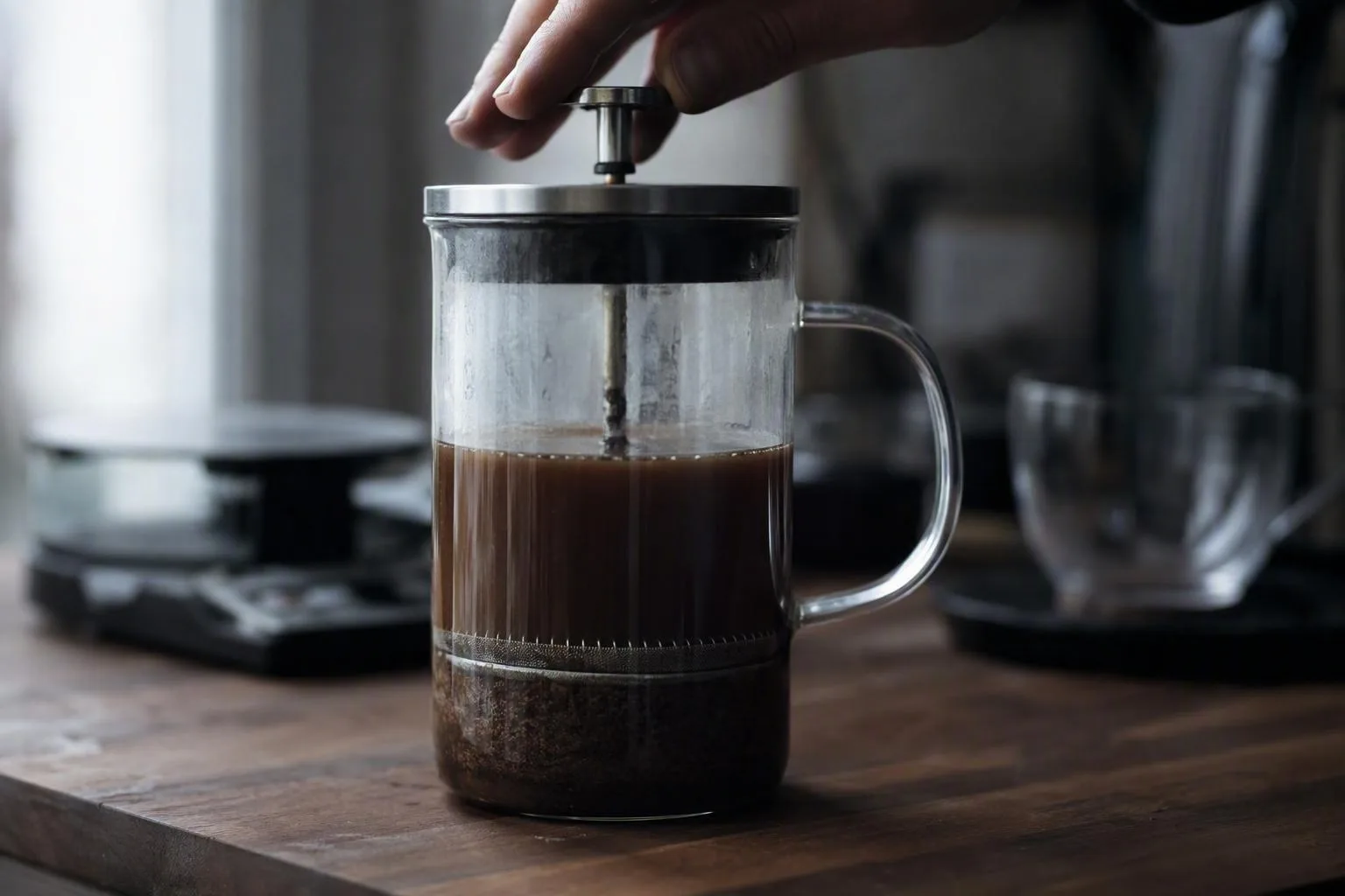 Cloudy coffee settles in a press, revealing fine particles collecting beneath the mesh.