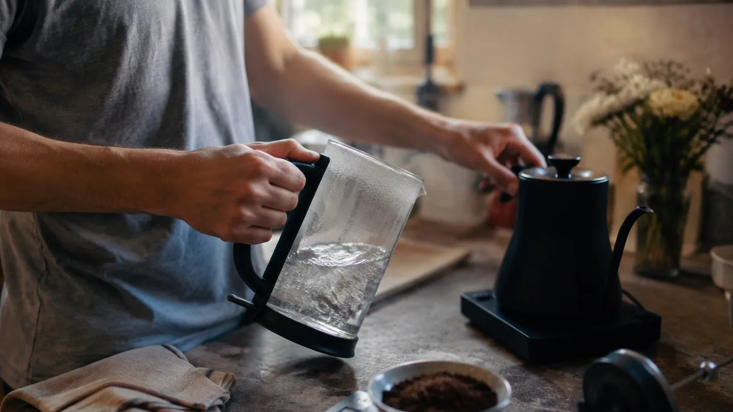 Hands warm a French press and check hot water beside dark coffee grounds before brewing.