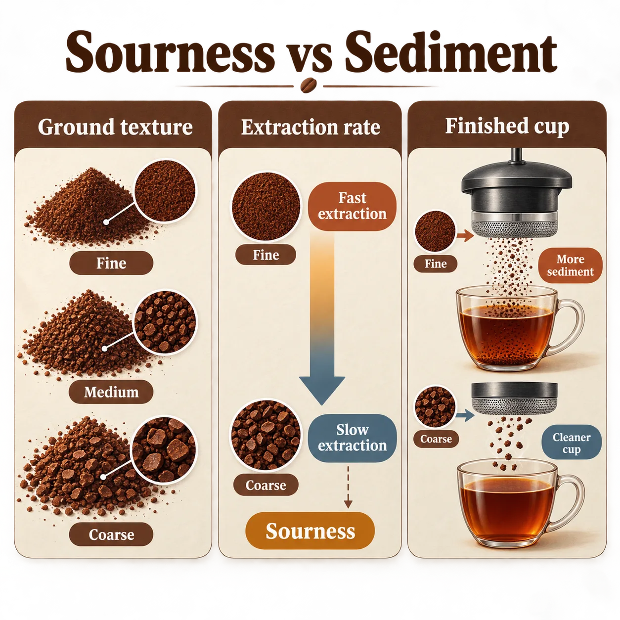 A diagram compares three ground textures and shows how they affect brewing speed, sourness, and cup clarity.