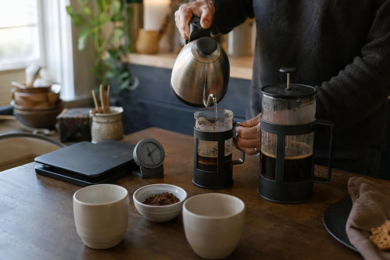 Two presses, measured coffee, and tasting cups show how different brew volumes compare at the table.