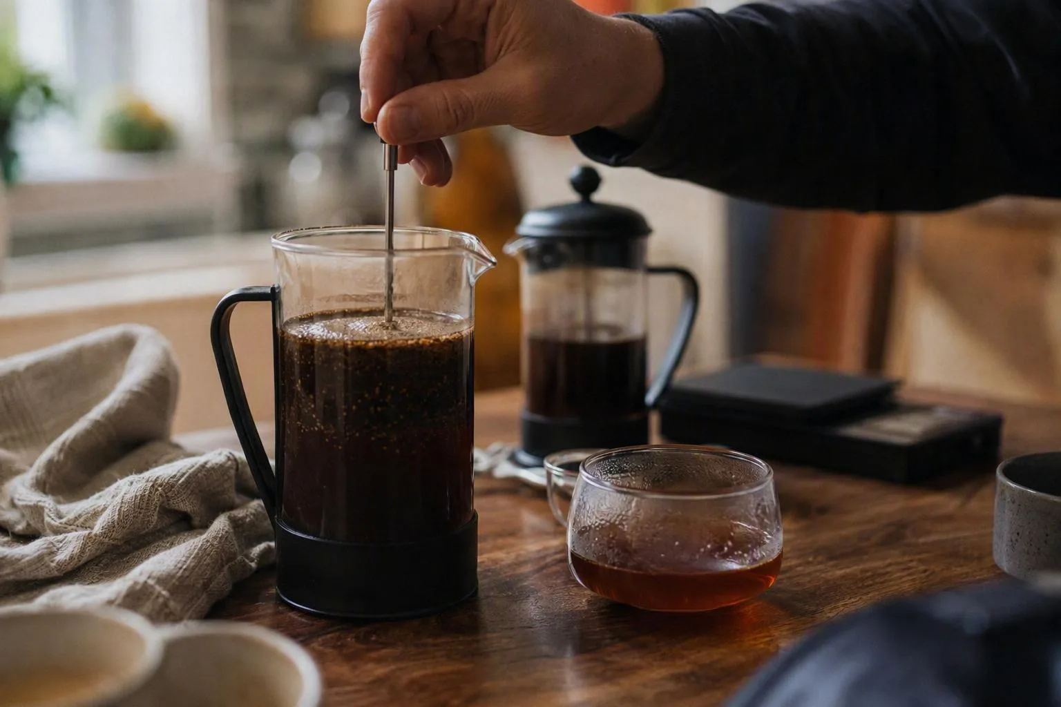 A hand gently plunges coffee while fine particles remain suspended in the brew, showing why the cup can taste muddy.