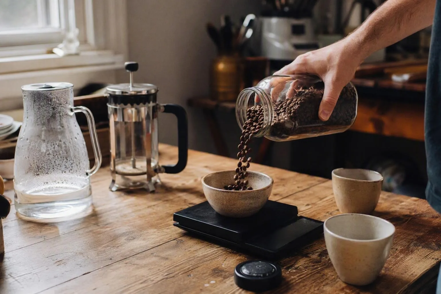 A hand weighs coffee beans beside a French press to keep a larger brew balanced.