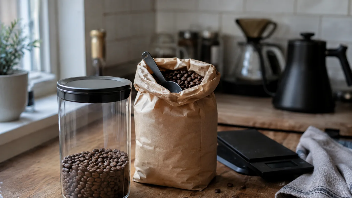 A sealed coffee container sits beside an open bag and scoop on a kitchen counter, showing two storage habits.