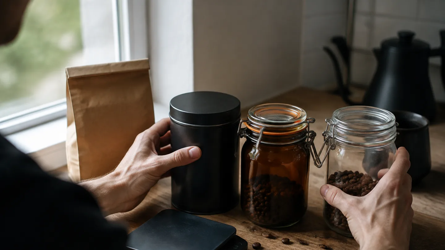 A hand compares three bean containers with different lids and light protection, showing practical storage choices.