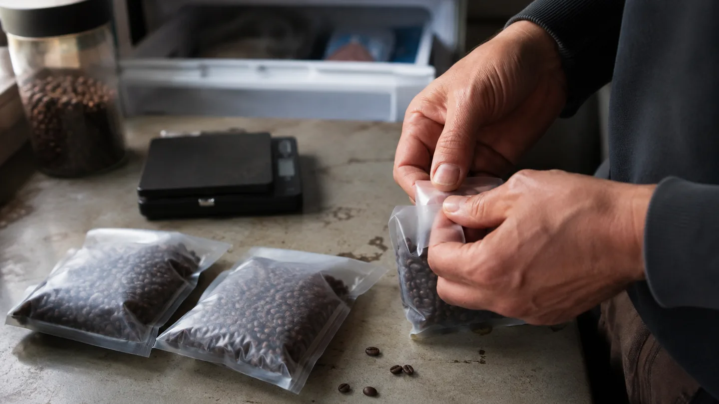 A hand seals small portions of coffee beans beside a scale for later freezing.